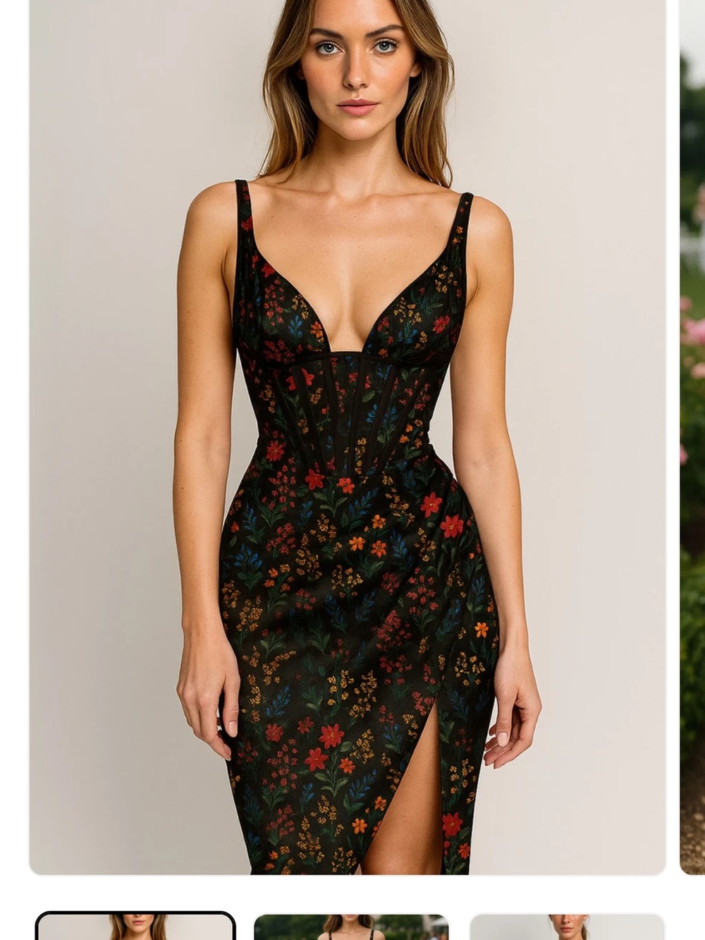 Black Floral Midi Dress with Red Bloom Accents